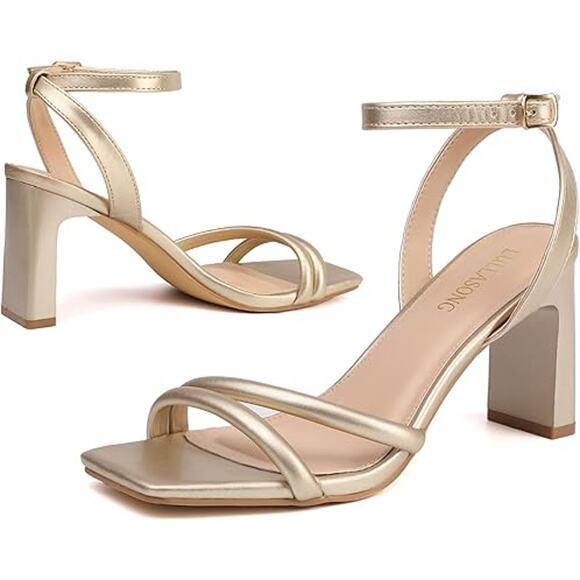 Lullasong Womens Size 10 Shiny Gold Open Toe 3.5" Heel Ankle Strap Sandals Shoes - Picture 2 of 6